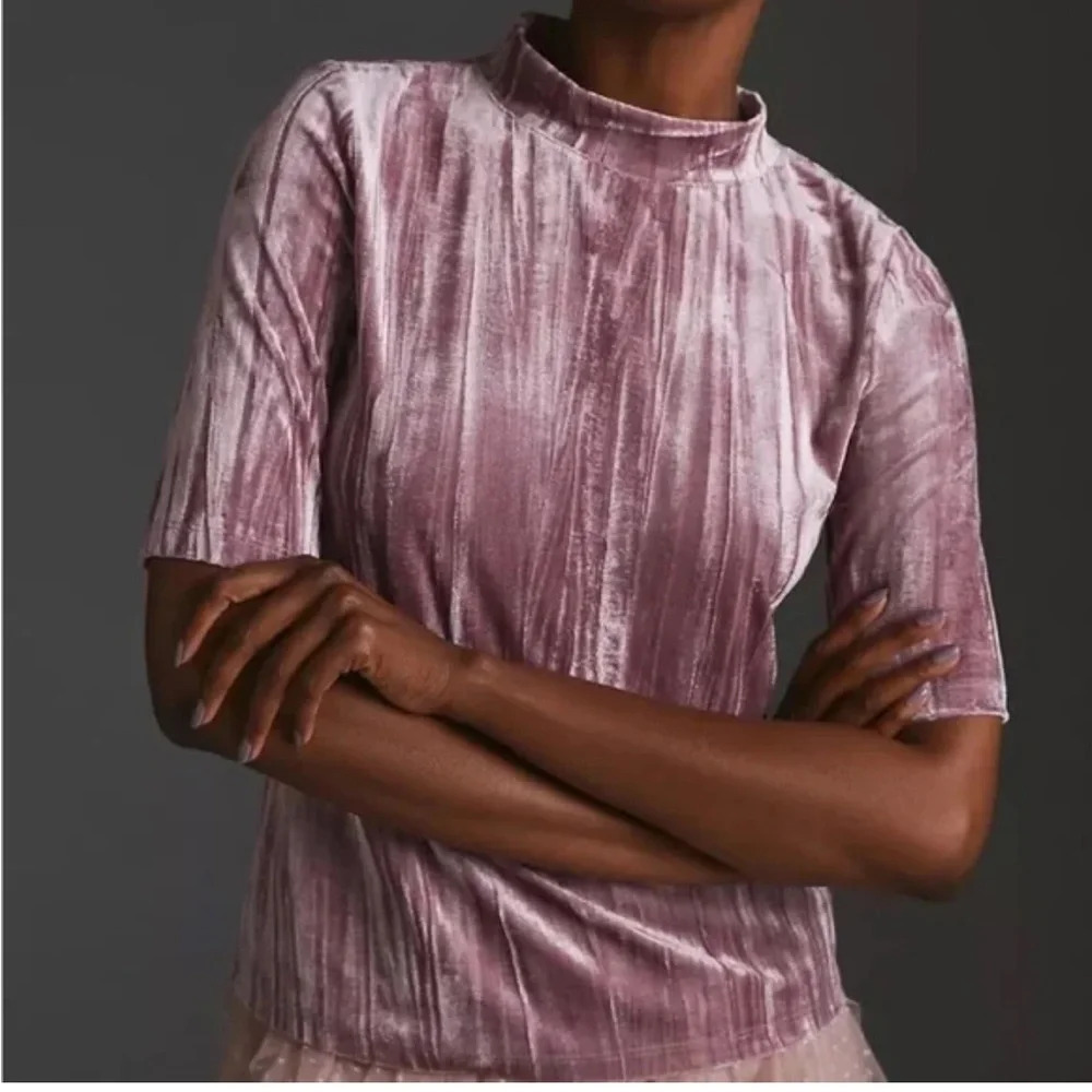 PILCRO Velveteen Mock Neck Short Sleeve Pink Top | Small